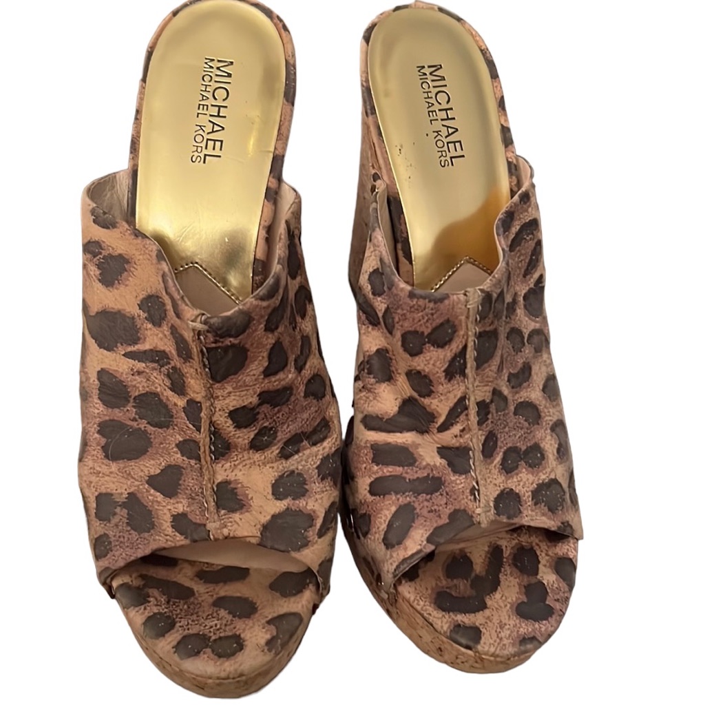 Micheal Kors Size 10 Leopard Print Platform Wedge Cork Heel Genuine Leather